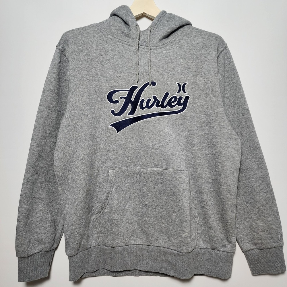 Hurley Script Logo Graphic Pullover Fleece Hoodie Heather Gray Navy Blue Size L